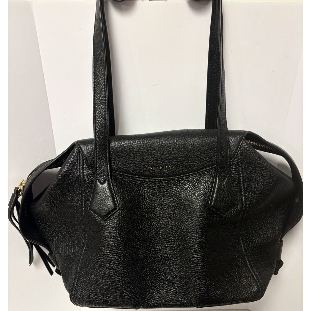 Tory Burch Black Pebbled Leather Large Zip Tote Shoulder Bag Gold Hardware